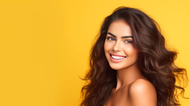 Beautiful, elegant, sexy Latino, Spain woman with long hair with perfect skin, yellow background, banner. Advertising of cosmetic products, spa treatments, shampoos and hair care products, dentistry and medicine, perfumes and cosmetology for women