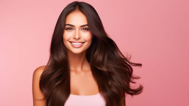 Beautiful, elegant, sexy Latina, Spanish woman with long hair and perfect skin, pink background, banner. Advertising of cosmetic products, spa treatments, shampoos and hair care products, dentistry and medicine, perfumes and cosmetology for women