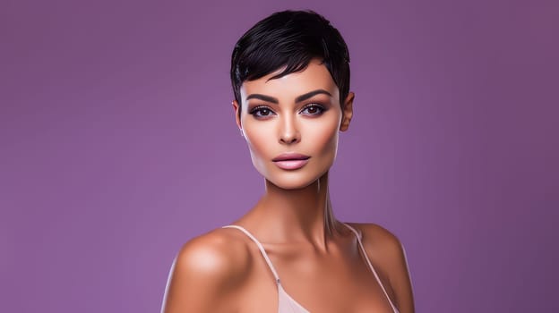 Beautiful, elegant, sexy Latina, Spain with short haircut, woman with perfect skin, purple background, banner. Advertising cosmetic products, spa treatments, shampoos and hair care products, dentistry and medicine, perfumes and cosmetology for women