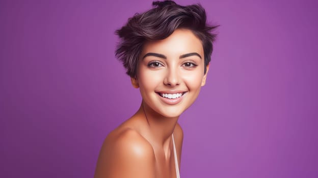 Beautiful, elegant, sexy Latina, Spain with short haircut, woman with perfect skin, purple background, banner. Advertising cosmetic products, spa treatments, shampoos and hair care products, dentistry and medicine, perfumes and cosmetology for women