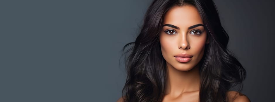 Beautiful, elegant, sexy Latino, Spain woman with long hair with perfect skin, gray background, banner. Advertising of cosmetic products, spa treatments, shampoos and hair care products, dentistry and medicine, perfumes and cosmetology for women
