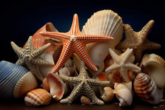 Sea shells and sea stars on black background. Mix. Generated AI.