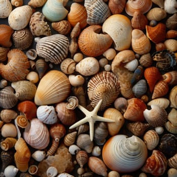 Sea shells and sea star as background. Mix. Generated AI.