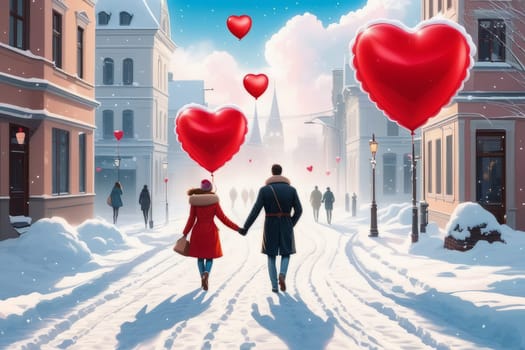 A couple walks through a snow-covered city with a heart-shaped balloon, rear view. The concept of celebrating Valentine's Day