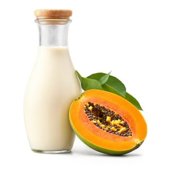 Amaranth milk in a glass bottle served with a side of fresh papaya chunks and. Milk product isolated on transparent background