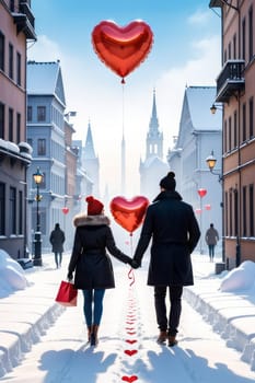 A couple walks through a snow-covered city with a heart-shaped balloon, rear view. The concept of celebrating Valentine's Day