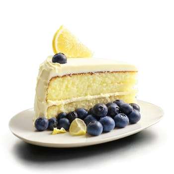 Blueberry lemon cake with layers of moist lemon cake blueberry compote and lemon buttercream frosting. close-up food, isolated on transparent background