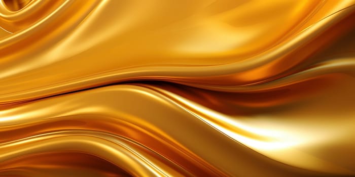 Golden fluid background. Liquid yellow metal wallpaper. Glamour swirl gold texture. 3d wavy flow abstraction