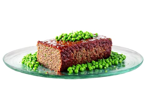 Meatloaf glazed and sliced with green peas on the side on a transparent glass plate. Food isolated on transparent background.