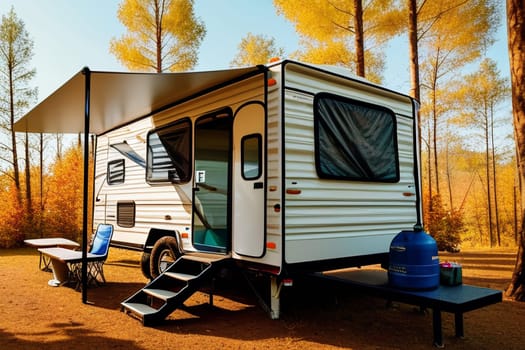 The trailer of the mobile home is camping in the fall, the concept of a family trip around the native country in a camper van or camper van and camping life