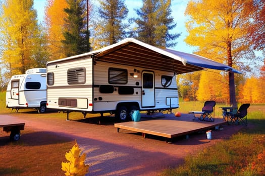 The trailer of the mobile home is camping in the fall, the concept of a family trip around the native country in a camper van or camper van and camping life