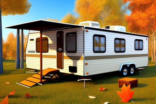 The trailer of the mobile home is camping in the fall, the concept of a family trip around the native country in a camper van or camper van and camping life