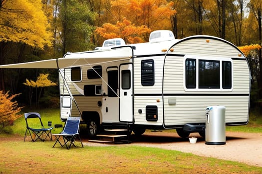 The trailer of the mobile home is camping in the fall, the concept of a family trip around the native country in a camper van or camper van and camping life