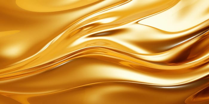 Golden fluid background. Liquid yellow metal wallpaper. Glamour swirl gold texture. 3d wavy flow abstraction