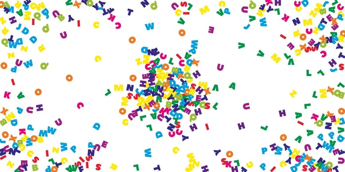 School notebook cover. Colorful childish floating letters of Latin alphabet. Foreign languages study concept. Back to school banner .