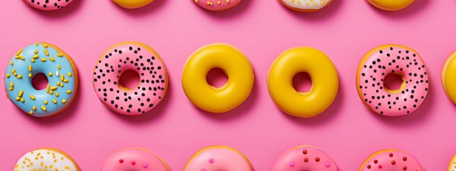 Donuts texture isolated on pink background. Bright seamless pattern