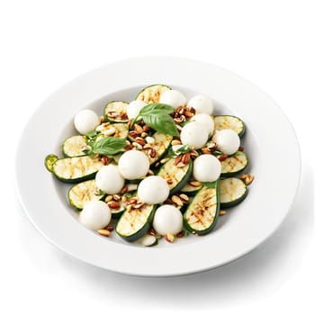 Grilled zucchini and mozzarella salad elements over prepared bowl grilled zucchini ribbons fresh mozzarella. Food isolated on transparent background.