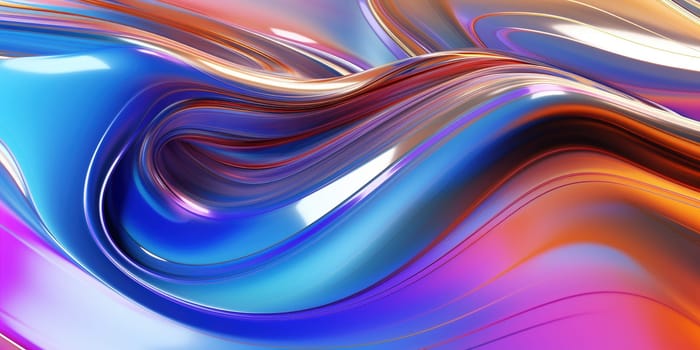 Metallic rainbow gradient waves abstract background. Iridescent chrome wavy surface. Liquid surface, ripples, reflections. 3d render illustration