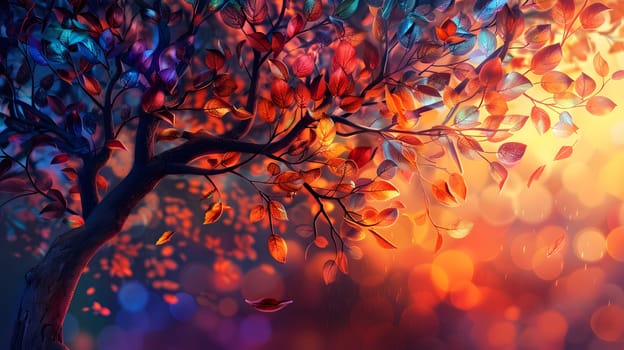 An electric blue sky sets a vibrant background for a natural landscape painting of a tree shedding orange leaves, depicting the ongoing event of autumn