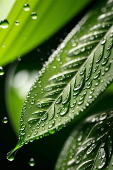 Drops of water on the green leaves of the plant. Macro shooting