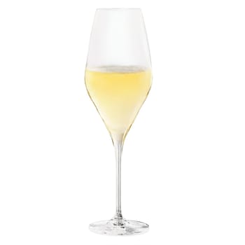 Schott Zwiesel Pure Sparkling Wine glass tritan crystal angular contours pale champagne with rising bubbles. Close-up wine glass, isolated on transparent background