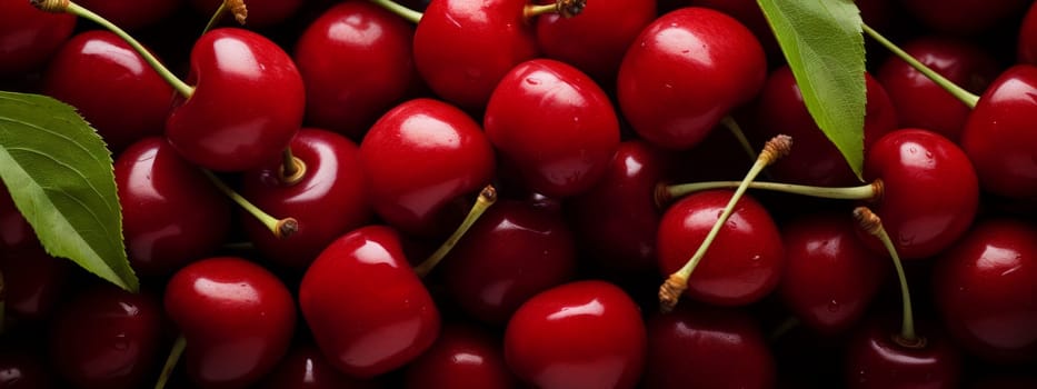 Close up of pile of ripe cherries texture background with stalks and leaves