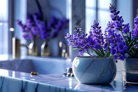 Lavender bouquet on a marble surface in a stylish bathroom. Aroma of tranquility