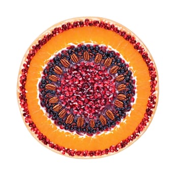 Fruit relish mandala a circular design of cranberries oranges and pecans with sugar dissolving. Food isolated on transparent background.