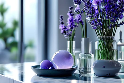 Lavender bouquet on a marble surface in a stylish bathroom. Aroma of tranquility