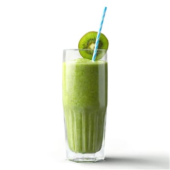 Frozen green smoothie nutrient dense and refreshing with spinach leaves and kiwi slices tumbling. Food isolated on transparent background.