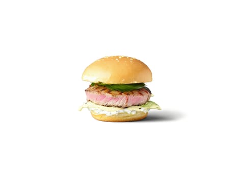 Slider with wasabi mayo mini burger with wasabi mayo seared tuna and pickled ginger. Food isolated on transparent background.