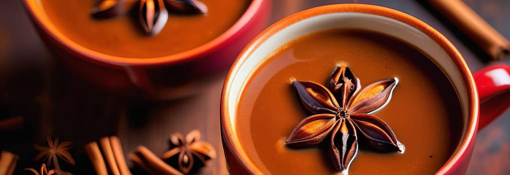 Tempting Champurrado served in two elegant mugs, decorated with cinnamon and star anise, on a simple white background for customizable text placement