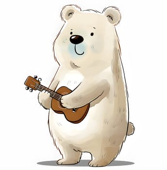 An animal figure of a polar bear, a carnivorous terrestrial animal, is playing a toy guitar in an illustration on a white background, showcasing its furry coat and tail