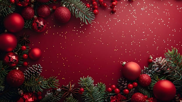 Festive Christmas decorations adorning a red background, including Christmas ornaments and a Christmas tree