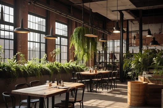 Sunlit industrial loft cafe with lush green plants. Biophilic room design