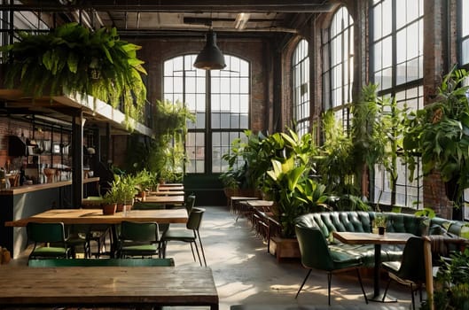 Sunlit industrial loft cafe with lush green plants. Biophilic room design