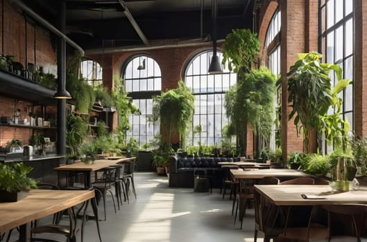 Sunlit industrial loft cafe with lush green plants. Biophilic room design