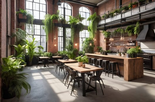 Sunlit industrial loft cafe with lush green plants. Biophilic room design