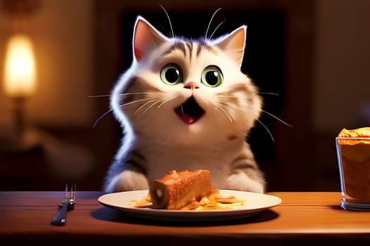 A cat is seated at a table, next to a plate of food. The cat appears to be watching the food, potentially contemplating eating it. The table is simple and uncluttered, drawing attention to the cat and the food.