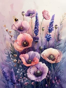 A beautiful watercolor painting showcasing a bouquet of flowers with a bee, highlighting the beauty of nature through the art of creative painting