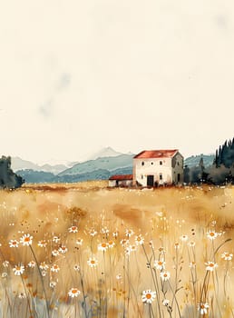 A beautiful painting depicting a house surrounded by a field of colorful flowers, under a clear blue sky, capturing the essence of a serene natural landscape