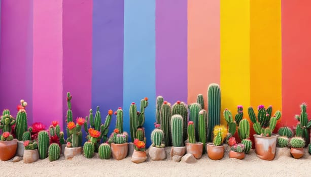 Colorful wall backdrop enhances vibrant cactus collection