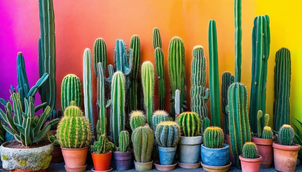 Colorful wall backdrop enhances vibrant cactus collection