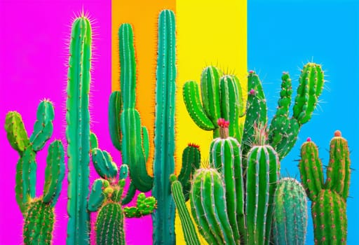 Colorful wall backdrop enhances vibrant cactus collection