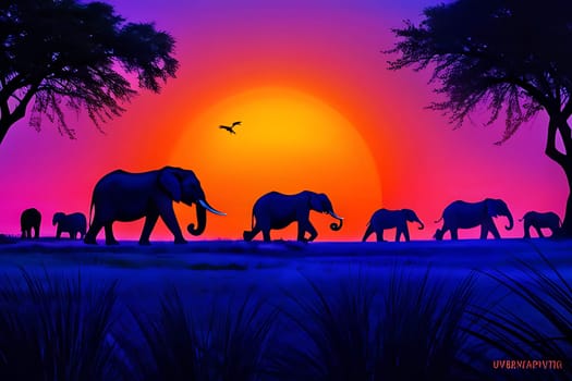 A group of elephants, large mammals with tusks and trunks, are strolling across a grassy field as the sun sets in the background. The elephants move in unison, their massive bodies creating a striking silhouette against the colorful sky.