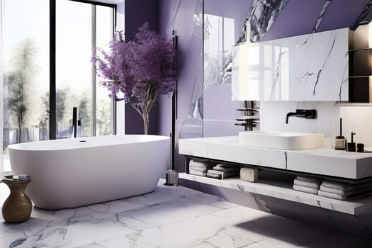 Modern bathroom interior with a predominance of lilac color. Bathroom interior design