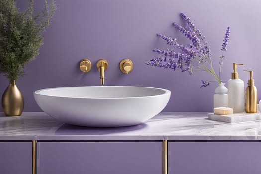 Exquisite modern bathroom design in soothing lilac hues. Elegance meets tranquility