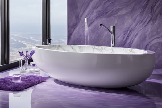 Refreshing bathroom décor featuring a dominant lilac color scheme. A serene oasis