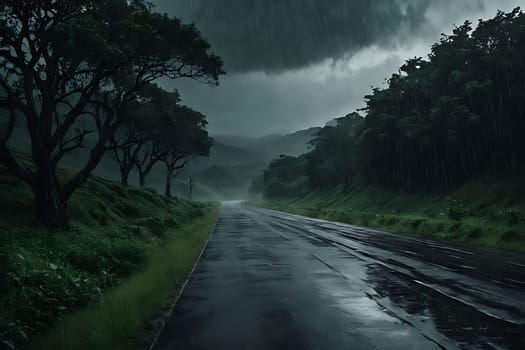 A road meandering through a rural area, flanked by a dense collection of trees that create a canopy overhead. The trees line both sides of the road, casting dappled shadows on the pavement.