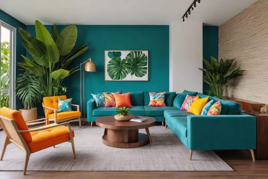 Modern living room filled with colors, stylish furniture, and tropical plants